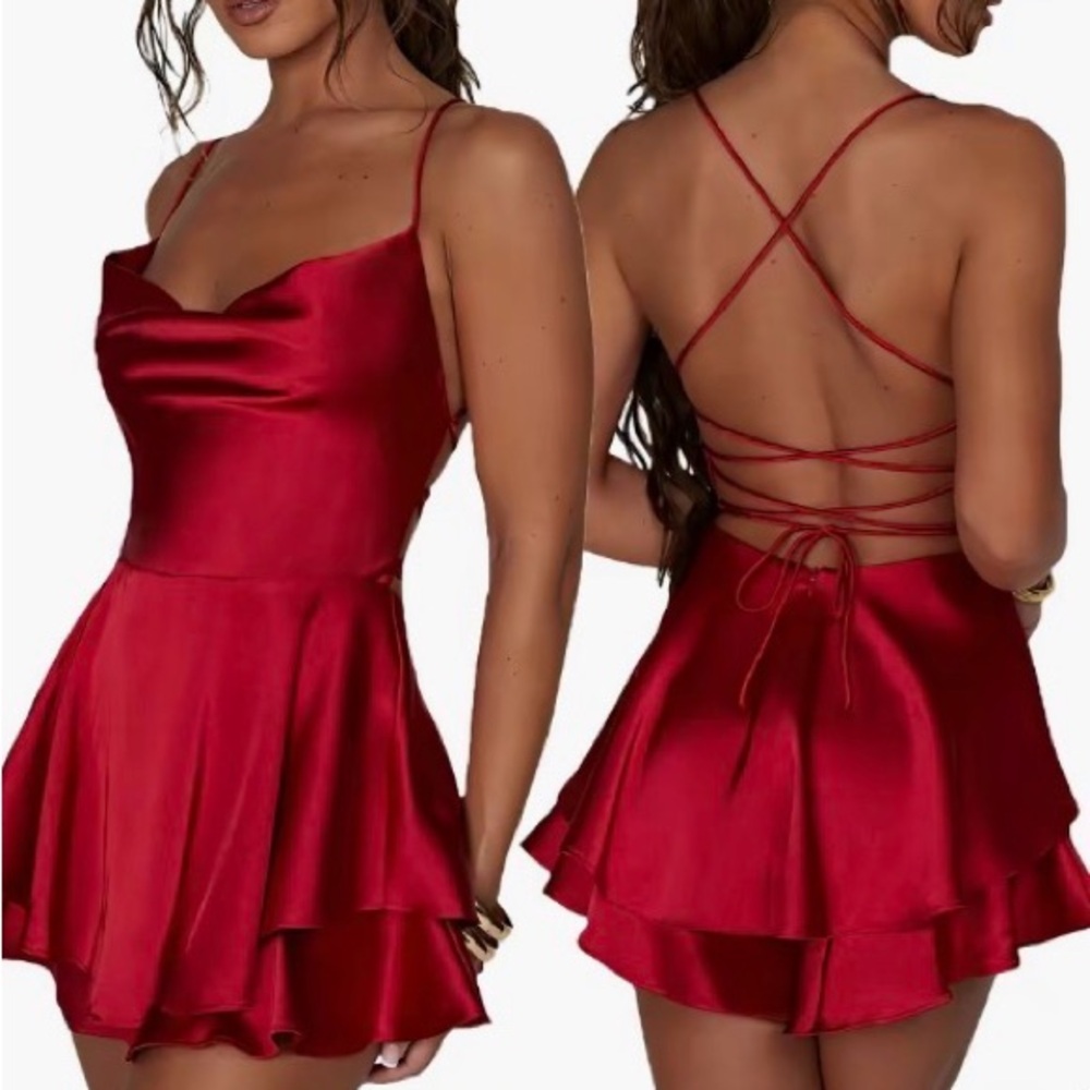 Elegant Red, Black, White Satin Dress
